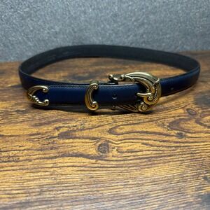 Talbots Navy Blue Leather Belt Small Gold Scroll Buckle Western Boho Vintage USA